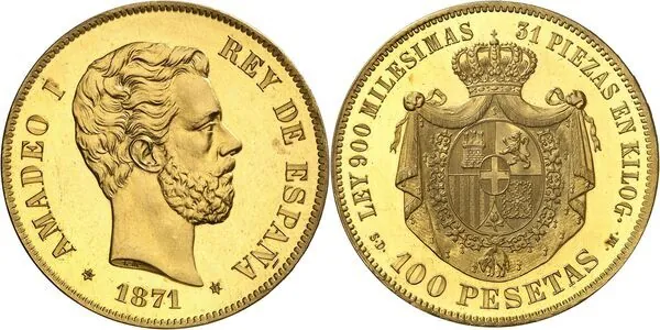 1871 Spanish Amadeo I Gold Specimen 100 Pesetas