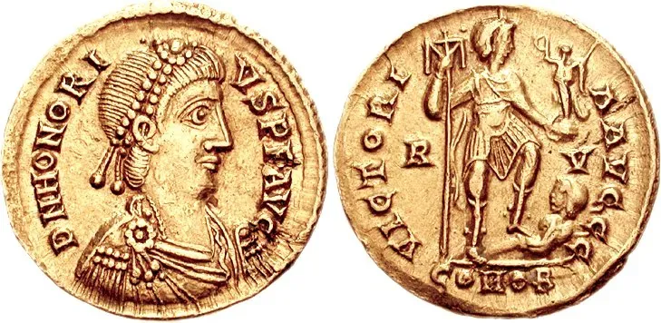 A solidus of the emperor Honorius, minted in Ravenna between A.D. 402 and 406.