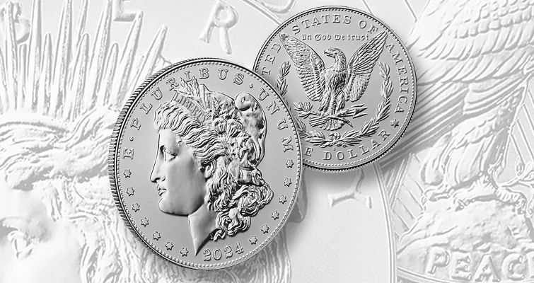 Reverse Proof Morgan and Peace silver dollars in set