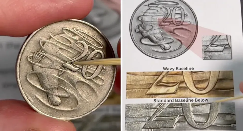 Standard 20 cent coins have a straight baseline, whereas wavy baseline coins will have a noticeable bump