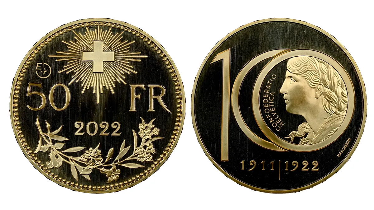  Switzerland. Pattern for the new 100-franc coin to be issued in 2025. Minted with the adjusted dies of the 50-franc commemorative coin of 2022.